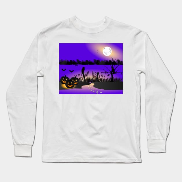 Halloween background with pumpkins, Graves, full moon, and bats stock illustration Long Sleeve T-Shirt by ikshvaku